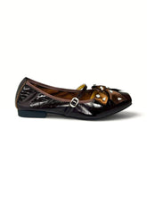 Load image into Gallery viewer, Jernn International Celestine Mary Jane flats in glossy dark brown leather with a crystal-embellished satin bow.