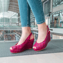 Load image into Gallery viewer, Handwoven leather high peep toe wedges with slingback - 23509
