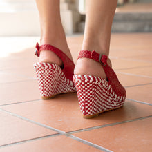 Load image into Gallery viewer, Handwoven leather high peep toe wedges with slingback - 23509