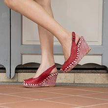 Load image into Gallery viewer, Handwoven leather high peep toe wedges with slingback - 23509