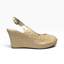 Load image into Gallery viewer, Handwoven leather high peep toe wedges with slingback - 23509 New
