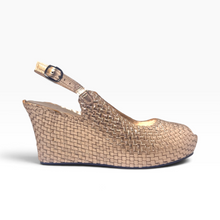 Load image into Gallery viewer, Handwoven Leather High Peep Toe Wedges with criss cross front
