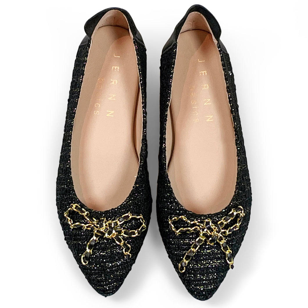 Vaness tweed flats with gold chain ribbon