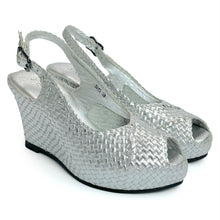 Load image into Gallery viewer, Handwoven leather HIGH peep toe wedges with criss cross front
