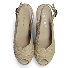 Load image into Gallery viewer, Handwoven leather HIGH peep toe wedges with criss cross front
