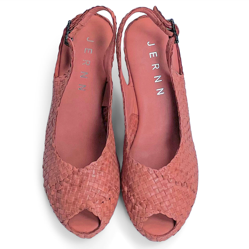 Handwoven leather HIGH peep toe wedges with criss cross front