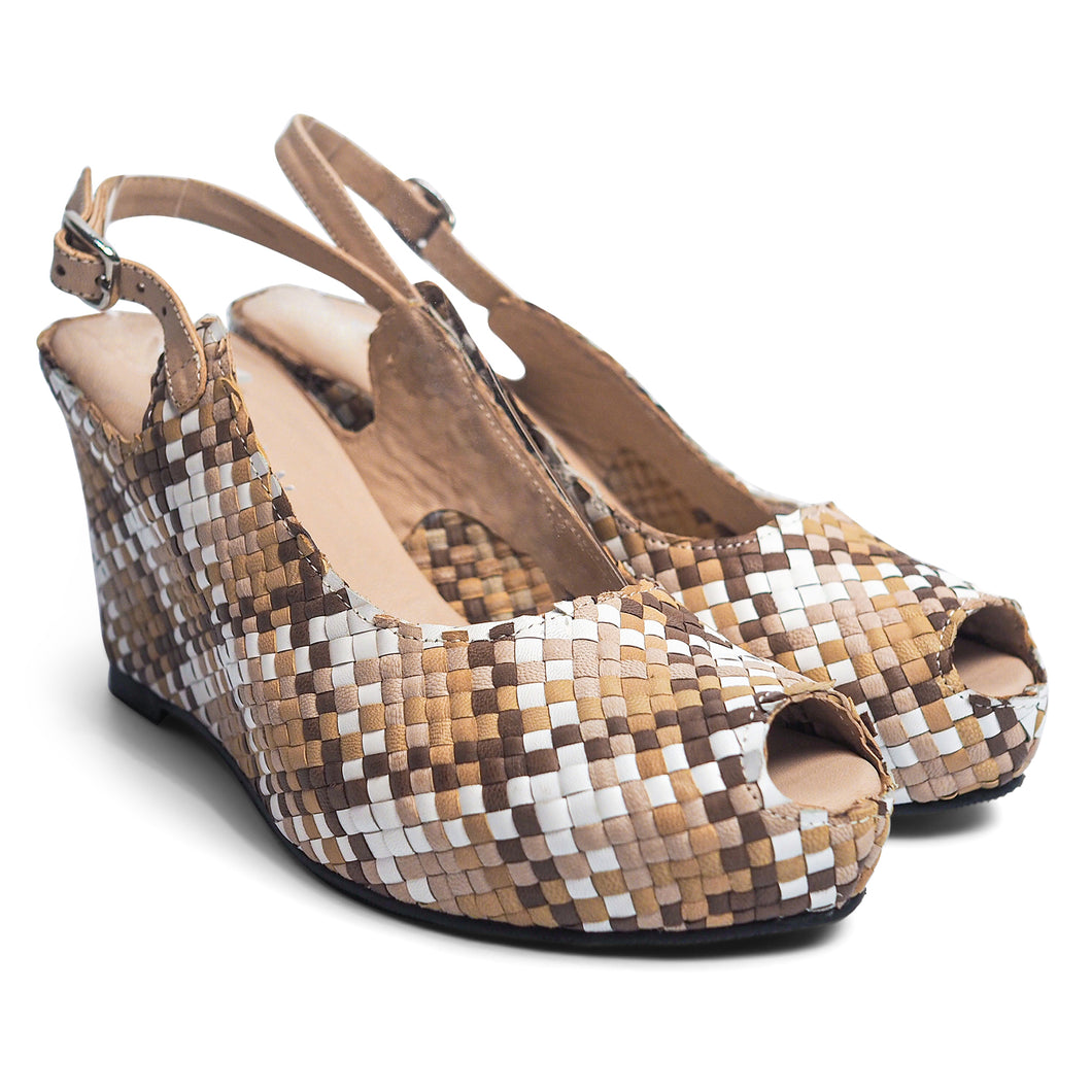 Handwoven leather high peep toe wedges with slingback - 402031