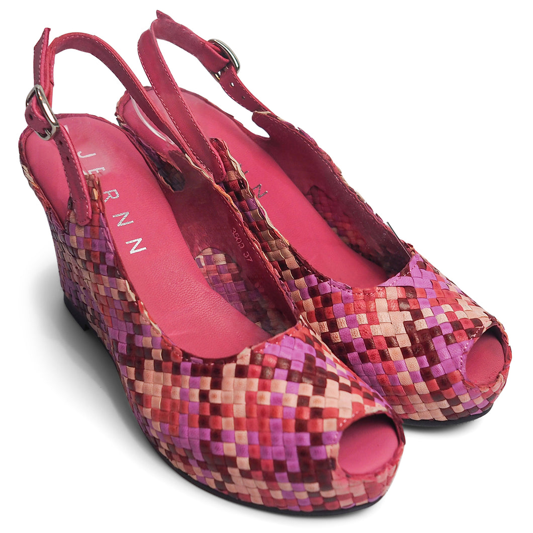 Handwoven leather high peep toe wedges with slingback - 402031