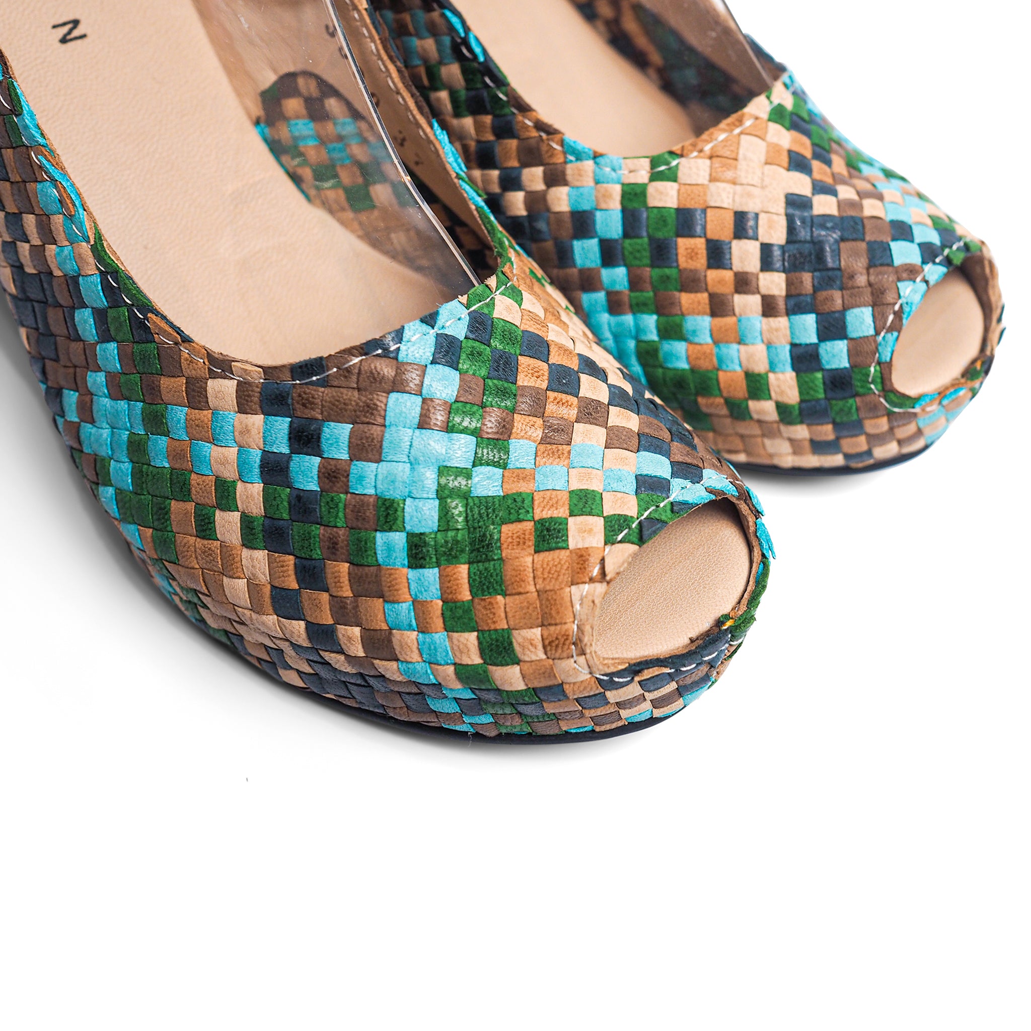 Handwoven leather high peep toe wedges with slingback 23509