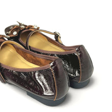 Load image into Gallery viewer, Celestine glossy brown lambskin Mary Jane flats with a satin ribbon bow, crystal embellishments and buckle strap.
