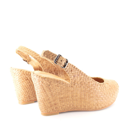 Handwoven leather high peep toe wedges with slingback - 23509