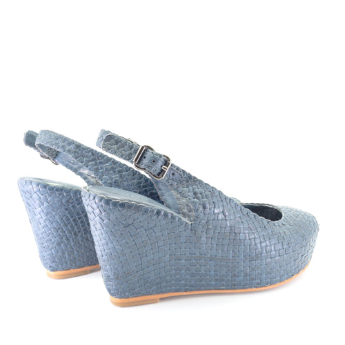 Handwoven leather high peep toe wedges with slingback - 23509