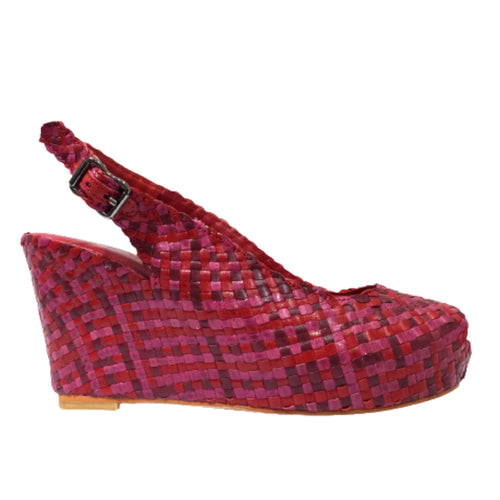 Pre-order Handwoven leather high peep toe wedges with slingback - 402031